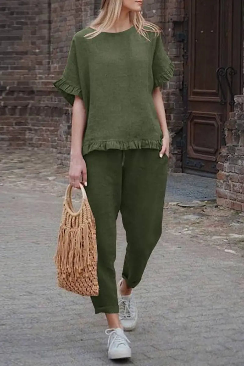 Solid Ruffles Hem Blouse Pants Set - Fashionpara