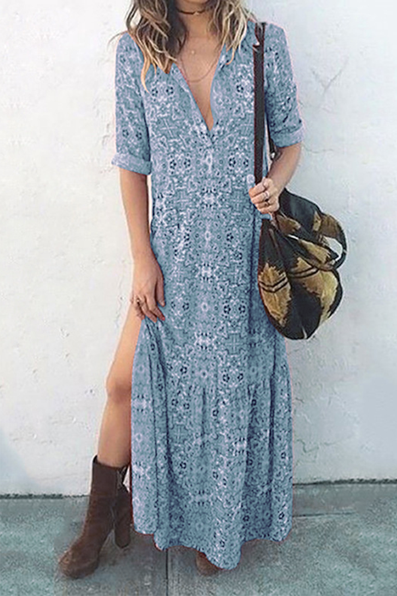 Casual Print Buckle Slit O Neck Dresses - Fashionpara