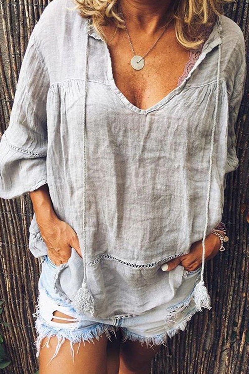 Solid V Neck Seven Sleeve Blouse - Fashionpara