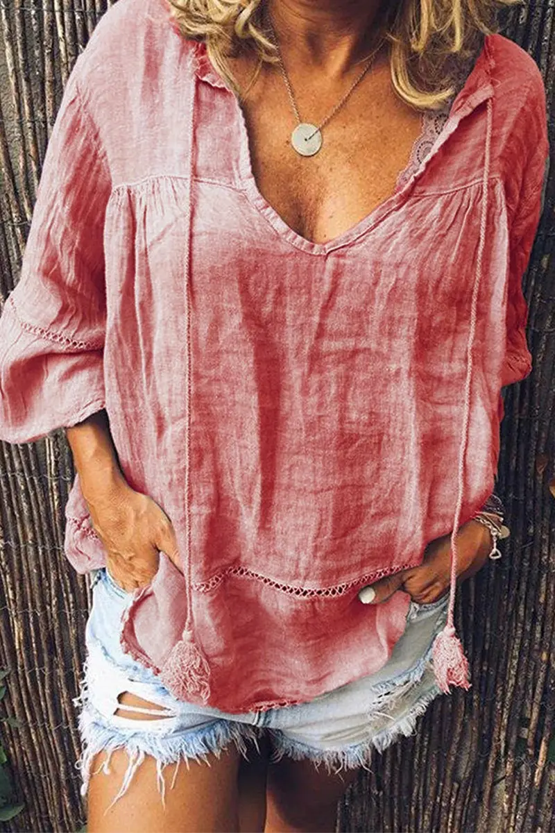 Solid V Neck Seven Sleeve Blouse - Fashionpara