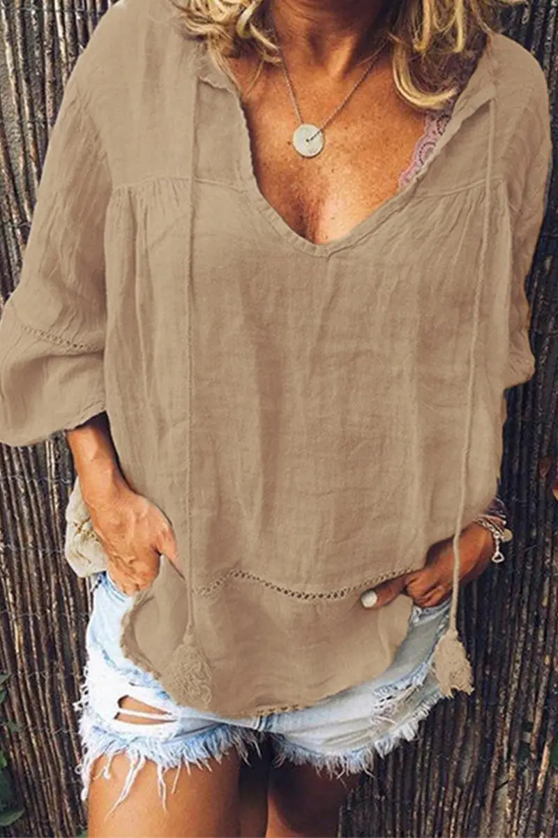 Solid V Neck Seven Sleeve Blouse - Fashionpara