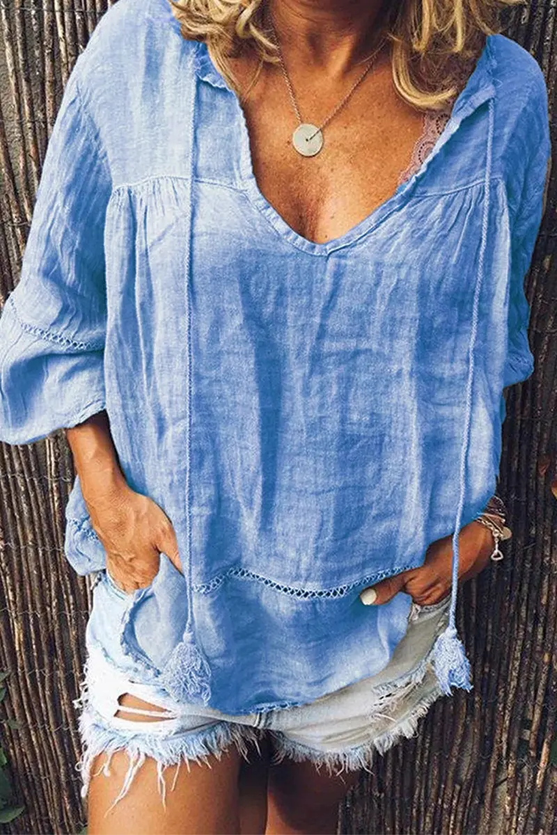 Solid V Neck Seven Sleeve Blouse - Fashionpara