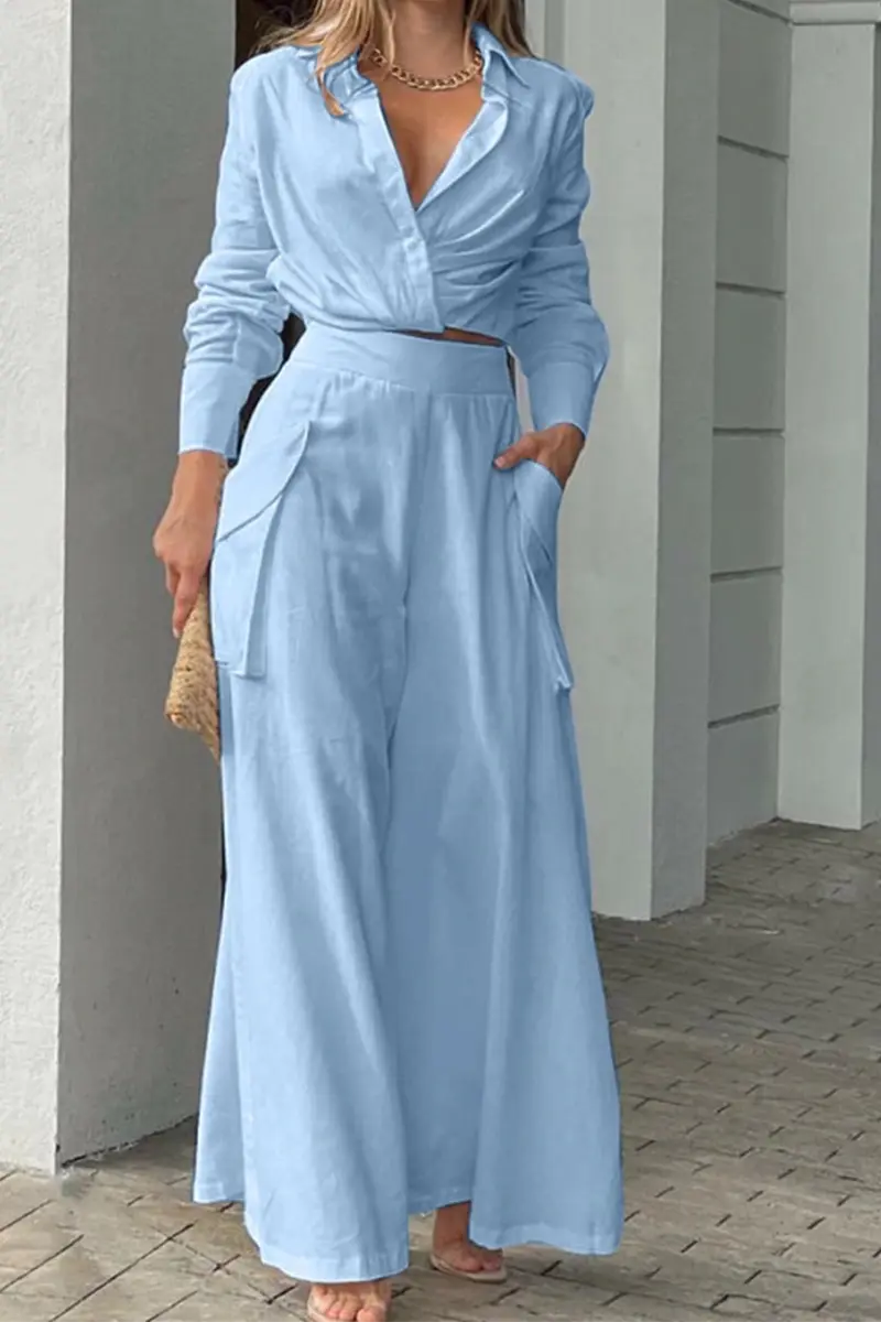 Button Cross Wrap Blouse Wide Leg Pants Set - Fashionpara