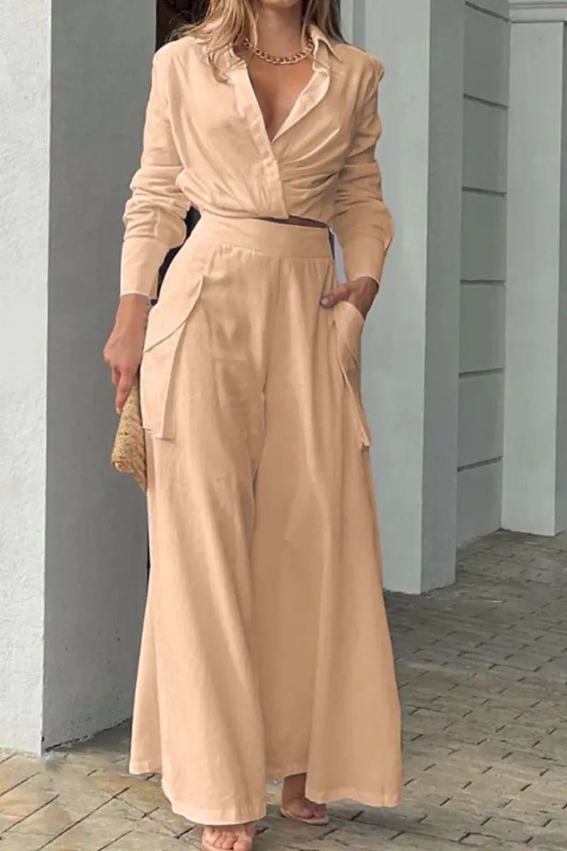 Button Cross Wrap Blouse Wide Leg Pants Set - Fashionpara