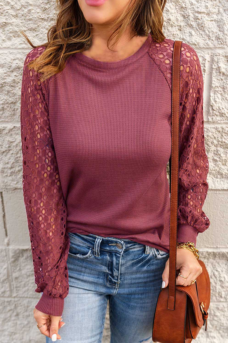 Lace Raglan Sleeeve Waffle Knit Top - Fashionpara