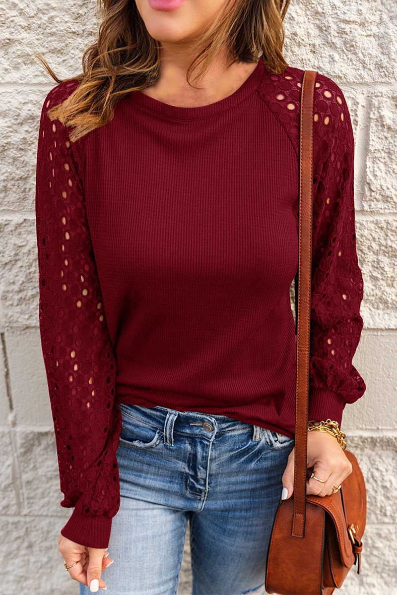 Lace Raglan Sleeeve Waffle Knit Top - Fashionpara