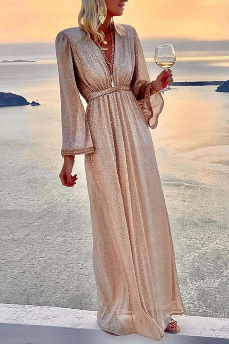 Fashion Elegant Solid Patchwork Fold V Neck Evening Dress Dresses(2 Colors) - Fashionpara