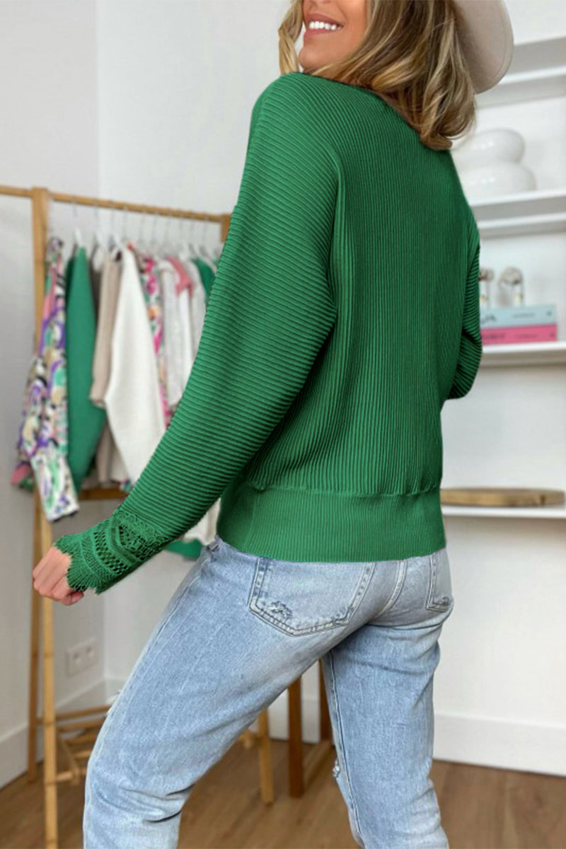 Lace Splicing V Neck Pullover Sweater - Fashionpara