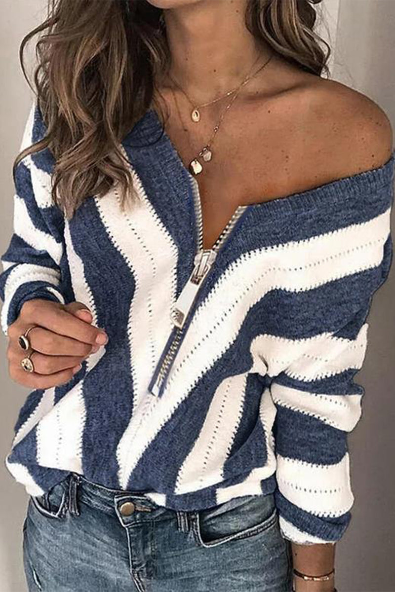 Sexy Sweet Striped Patchwork Printing V Neck Sweaters(6 Colors) - Fashionpara