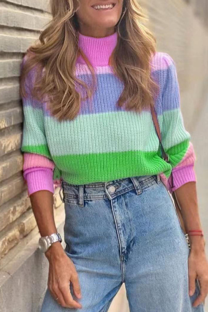 Work Elegant Striped Contrast Turtleneck Sweaters(3 Colors) - Fashionpara