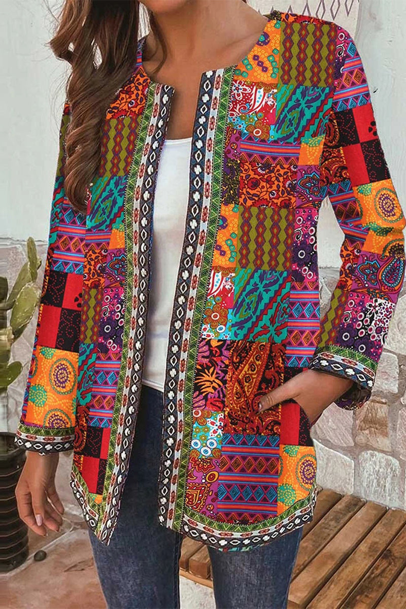 Print Printing O Neck Outerwear(3 Colors) - Fashionpara