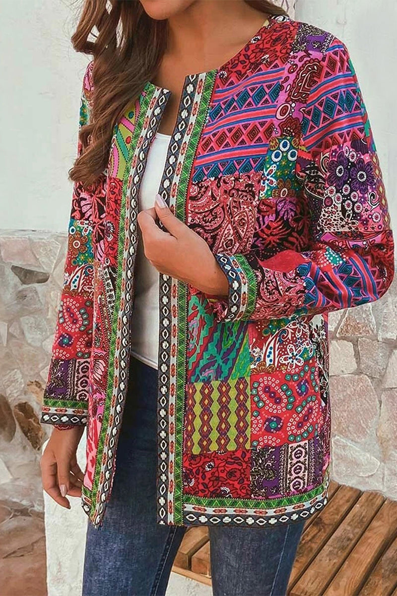 Print Printing O Neck Outerwear(3 Colors) - Fashionpara