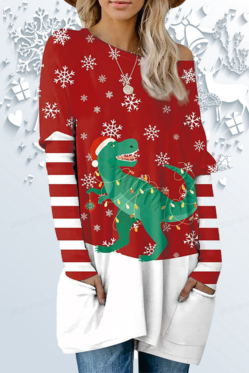 Casual Print Santa Claus Printing O Neck Tops - Fashionpara