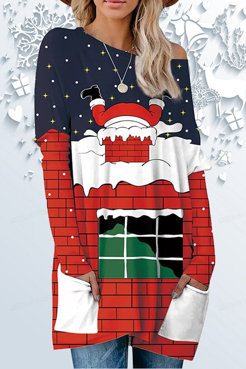 Casual Print Santa Claus Printing O Neck Tops - Fashionpara