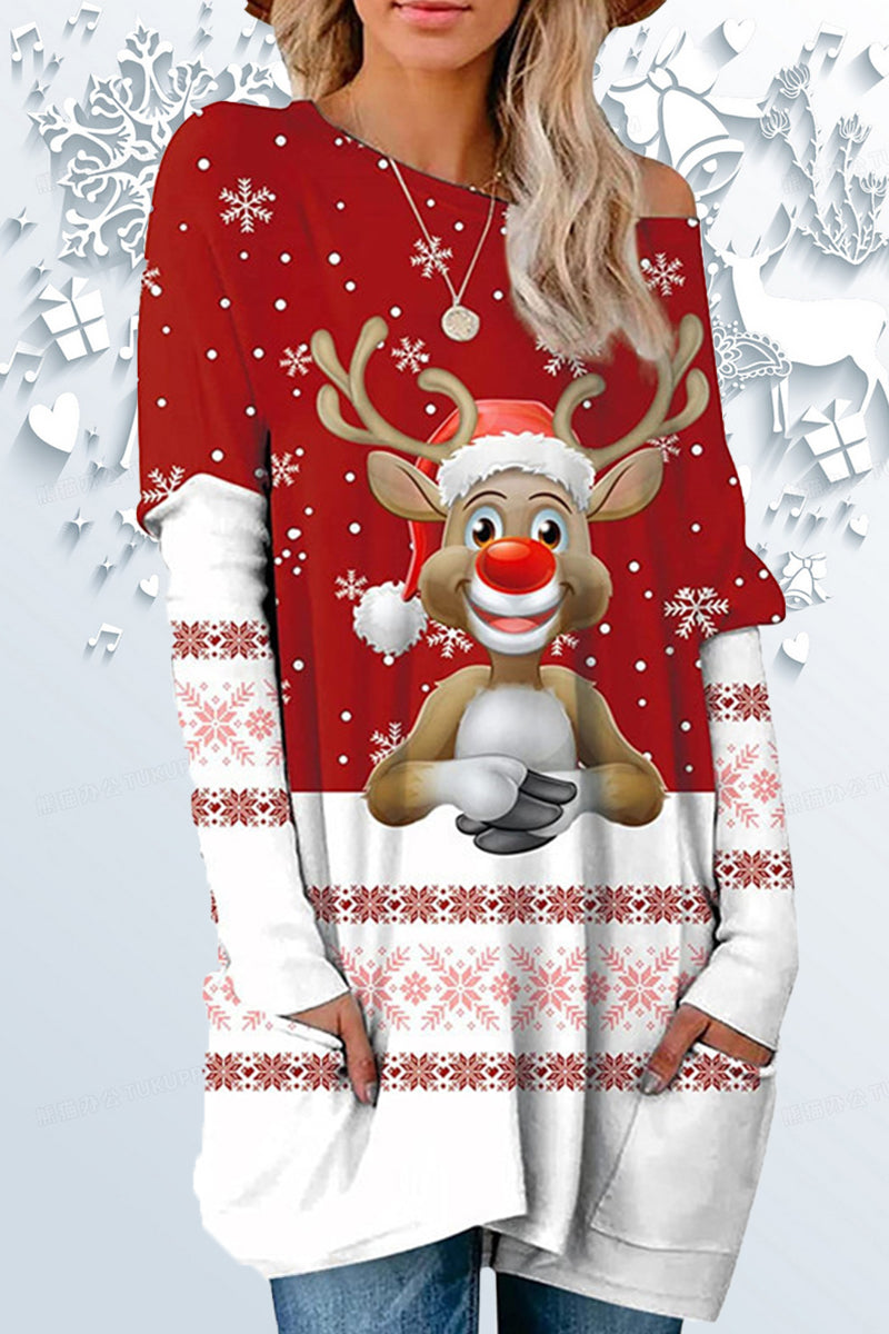 Casual Print Santa Claus Printing O Neck Tops - Fashionpara