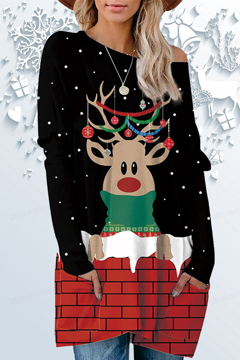 Casual Print Santa Claus Printing O Neck Tops - Fashionpara