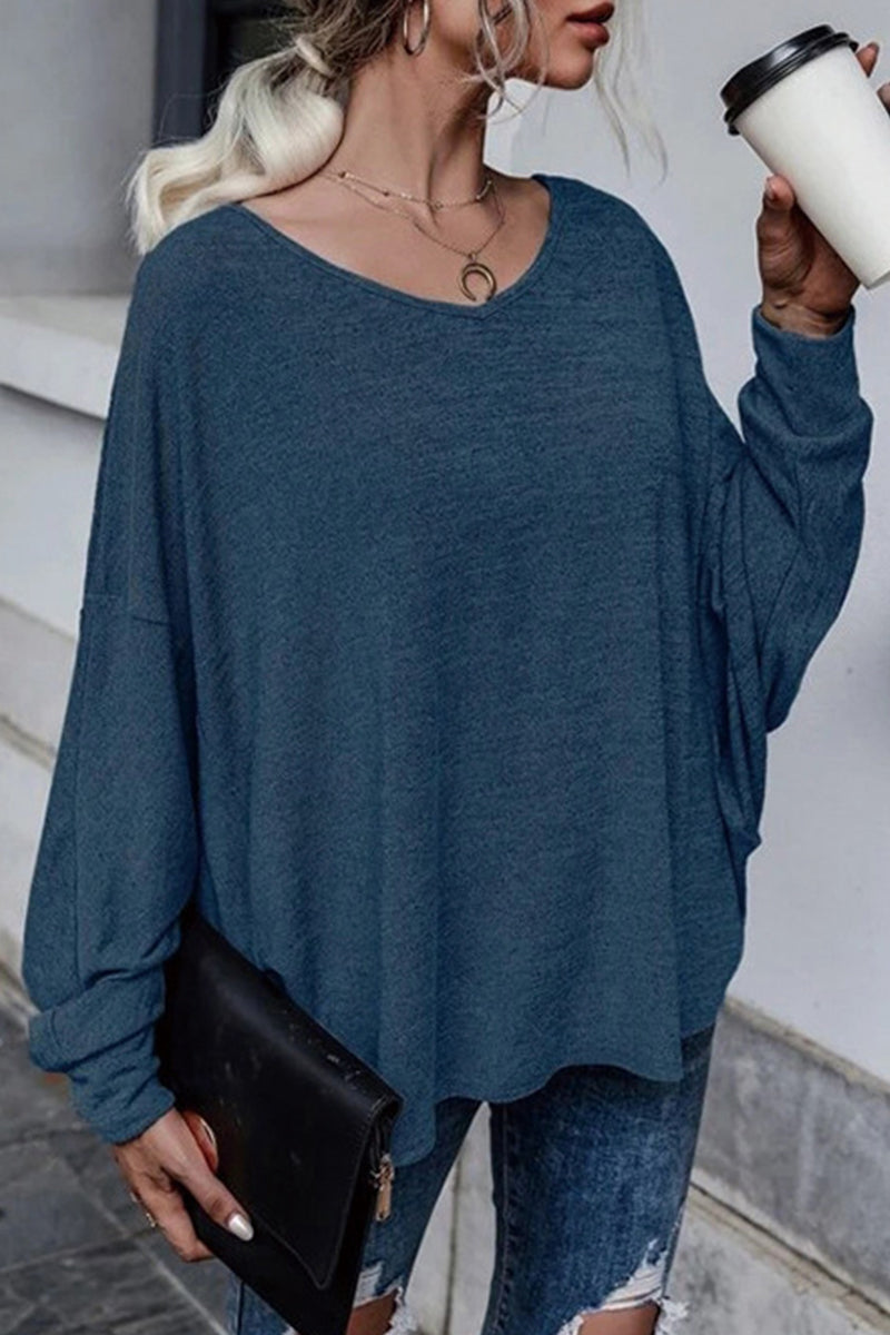 Casual Frenulum Solid Color O Neck Tops(4 Colors) - Fashionpara