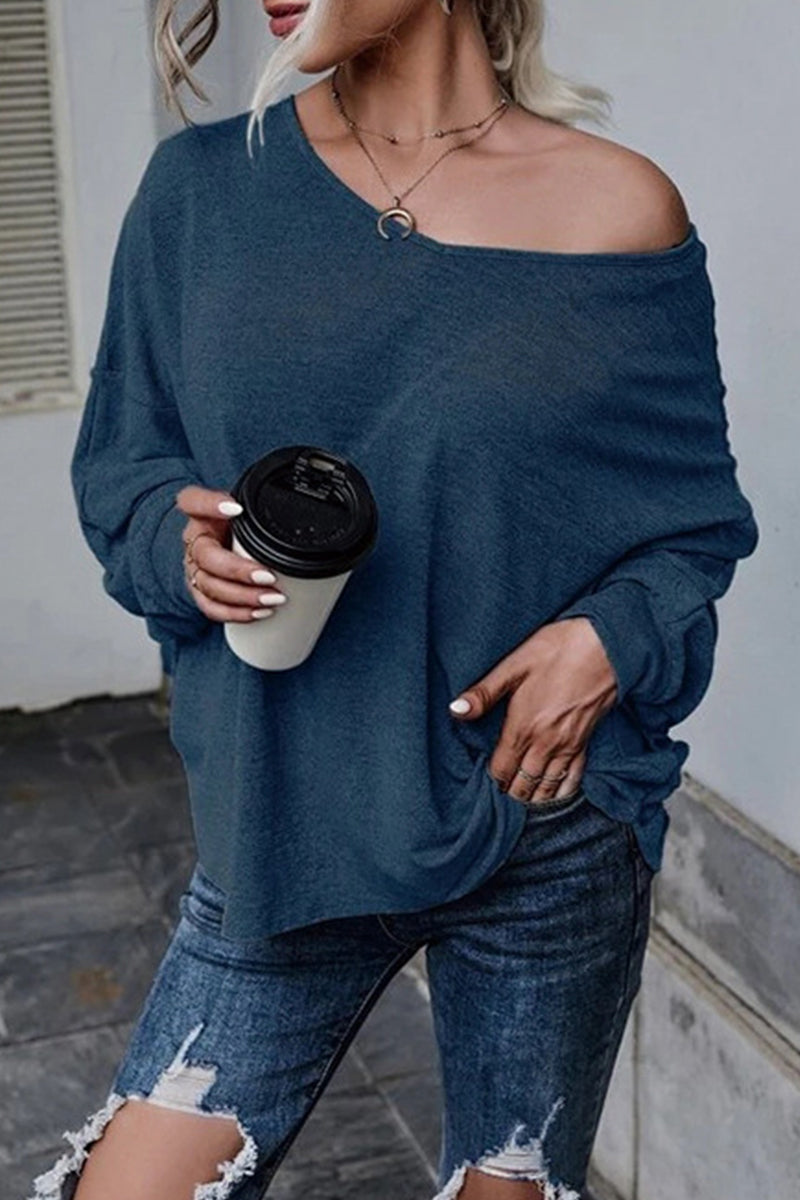 Casual Frenulum Solid Color O Neck Tops(4 Colors) - Fashionpara