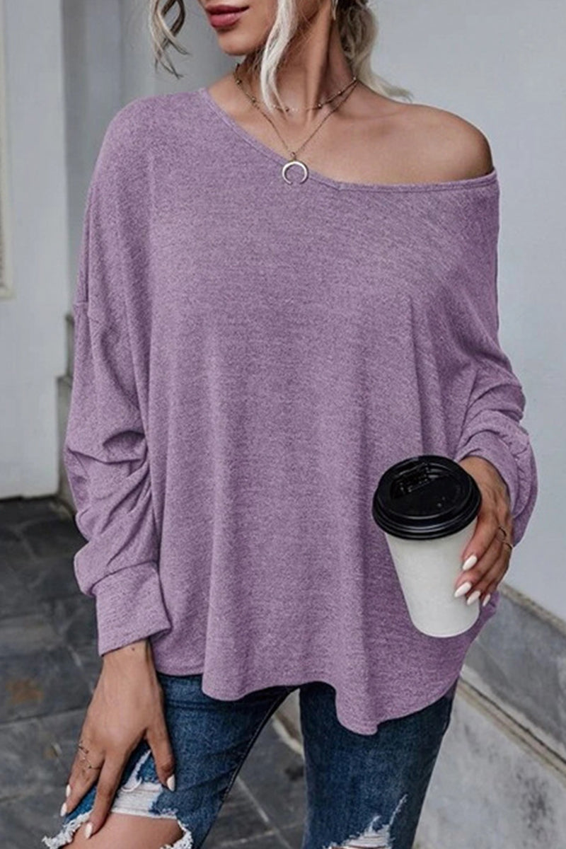 Casual Frenulum Solid Color O Neck Tops(4 Colors) - Fashionpara
