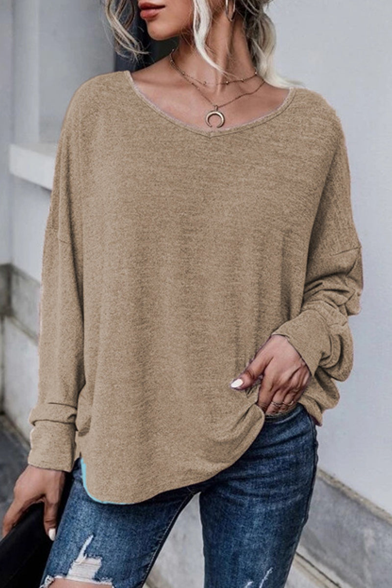 Casual Frenulum Solid Color O Neck Tops(4 Colors) - Fashionpara
