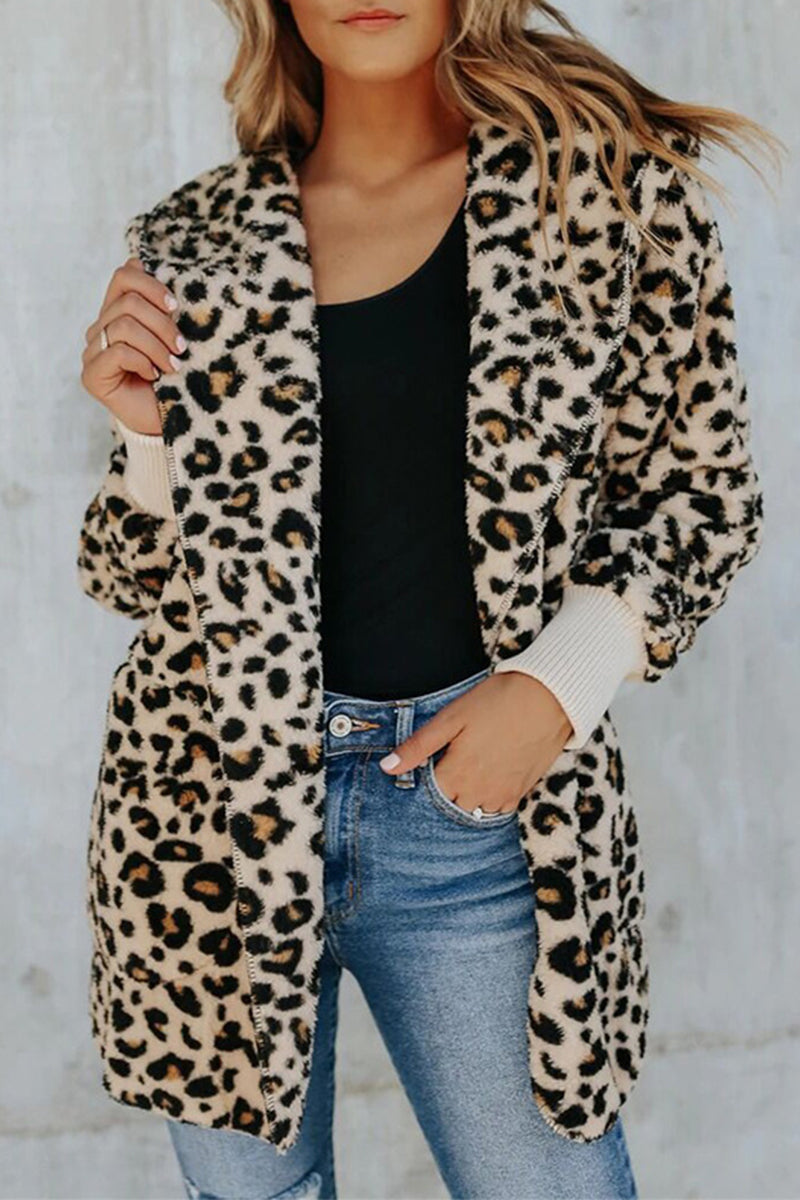 Street Leopard Printing Hooded Collar Outerwear - Fashionpara