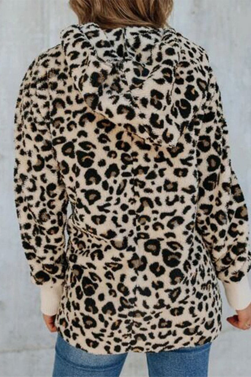 Street Leopard Printing Hooded Collar Outerwear - Fashionpara