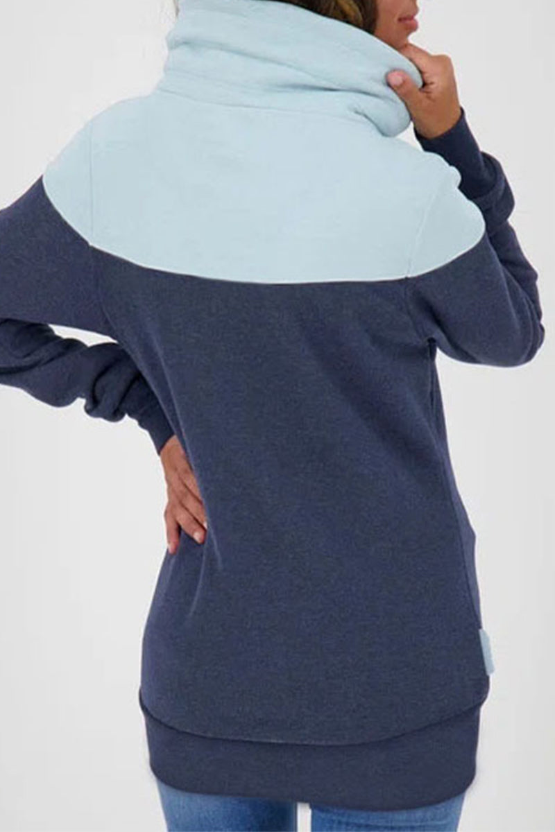 Casual Color Block Contrast Zipper Turtleneck Tops - Fashionpara