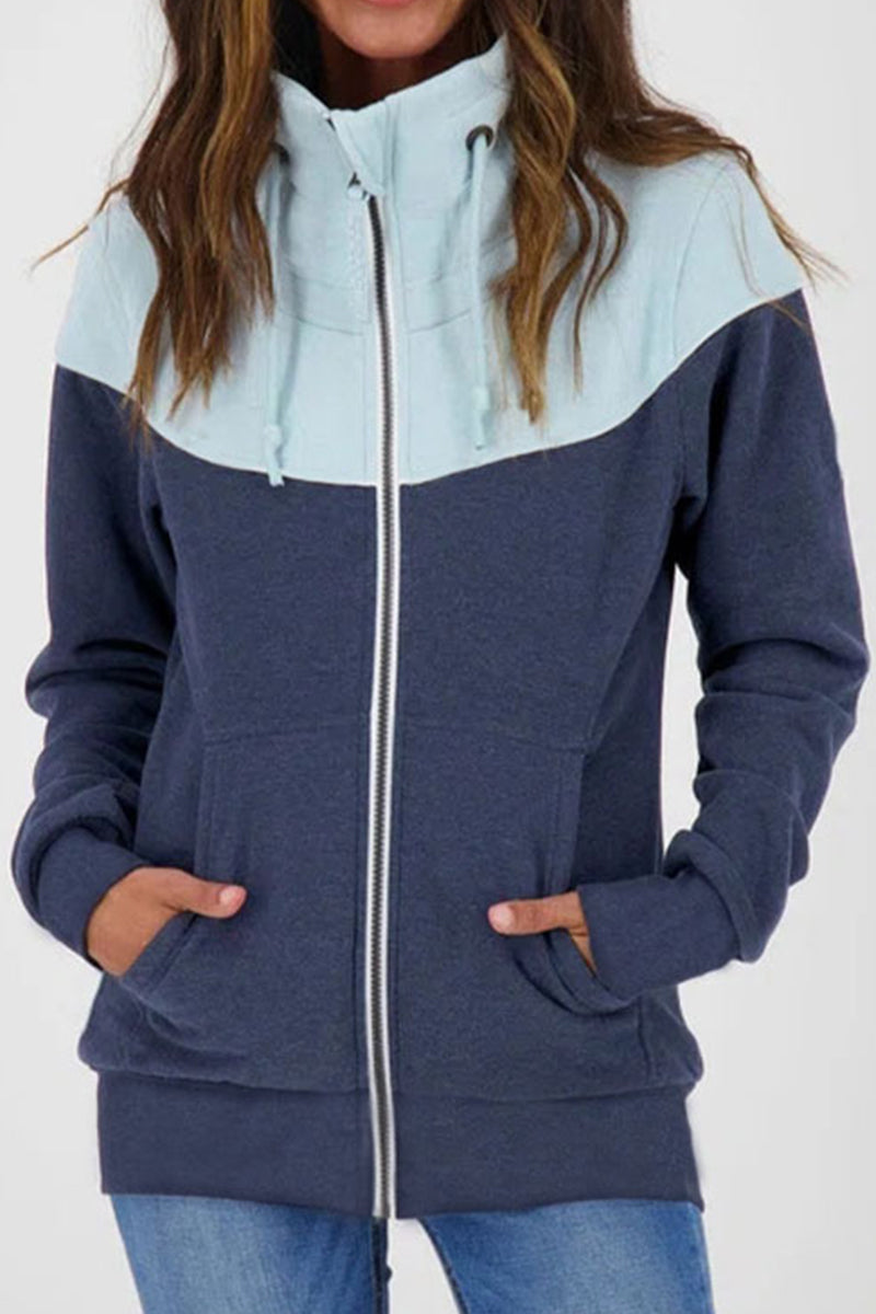 Casual Color Block Contrast Zipper Turtleneck Tops - Fashionpara