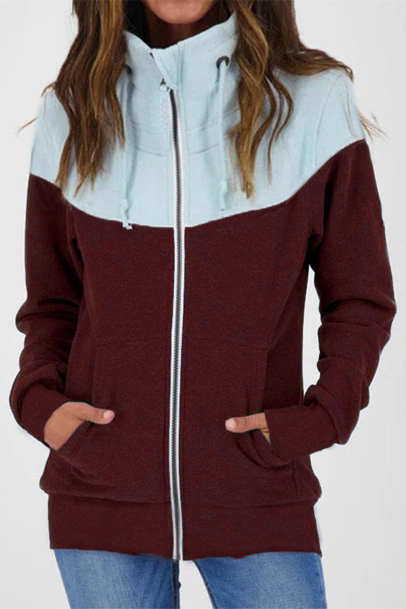 Casual Color Block Contrast Zipper Turtleneck Tops - Fashionpara