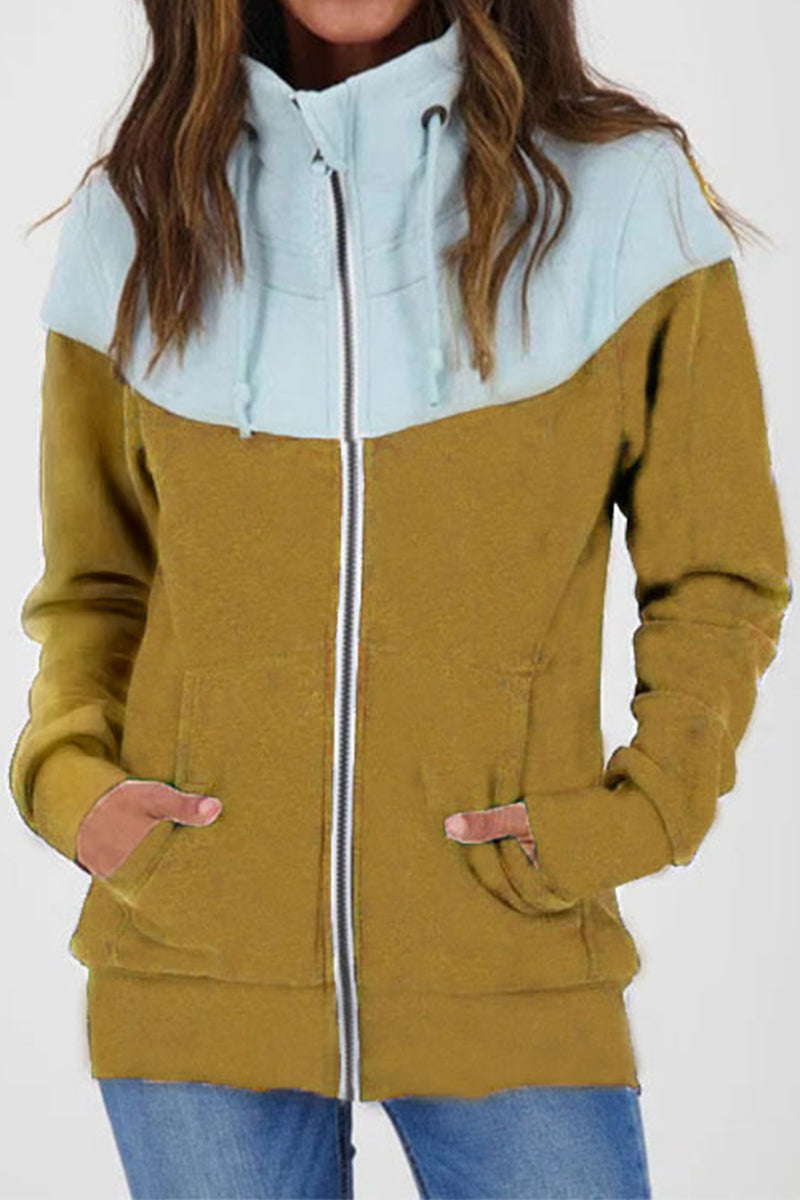 Casual Color Block Contrast Zipper Turtleneck Tops - Fashionpara