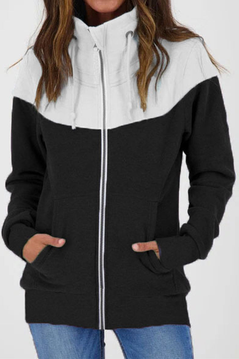 Casual Color Block Contrast Zipper Turtleneck Tops - Fashionpara
