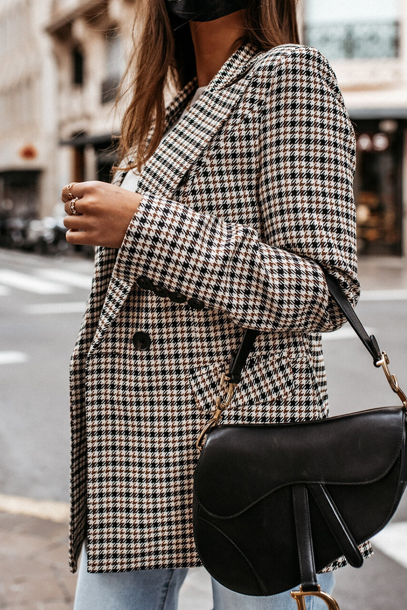 Work Elegant Plaid Print Printing Turn-back Collar Outerwear - Fashionpara