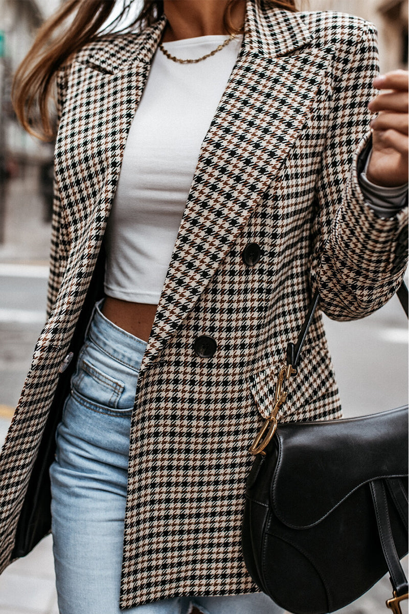 Work Elegant Plaid Print Printing Turn-back Collar Outerwear - Fashionpara