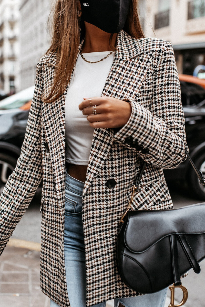 Work Elegant Plaid Print Printing Turn-back Collar Outerwear - Fashionpara