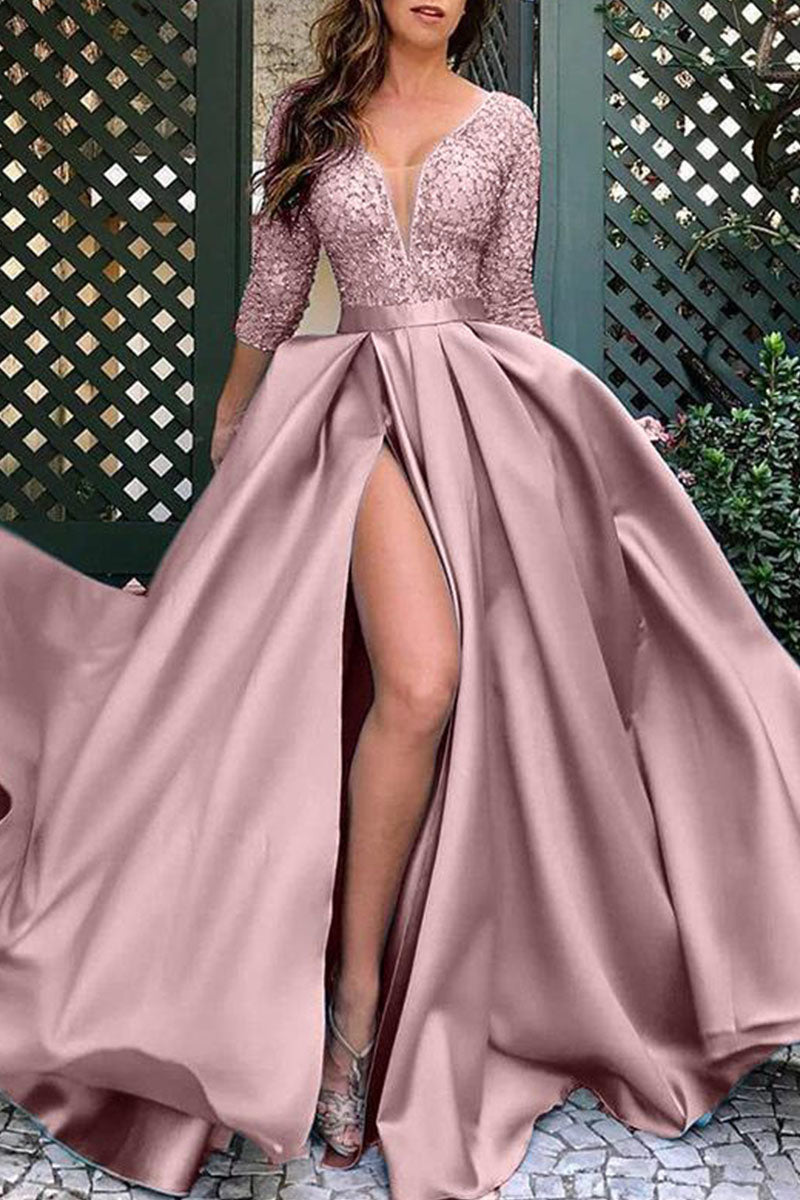 Elegant Solid Sequins Patchwork V Neck Evening Dress Dresses - Fashionpara