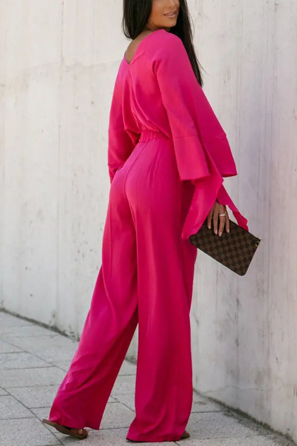 V Neck Bat Sleeve Blouse Pants Set - Fashionpara
