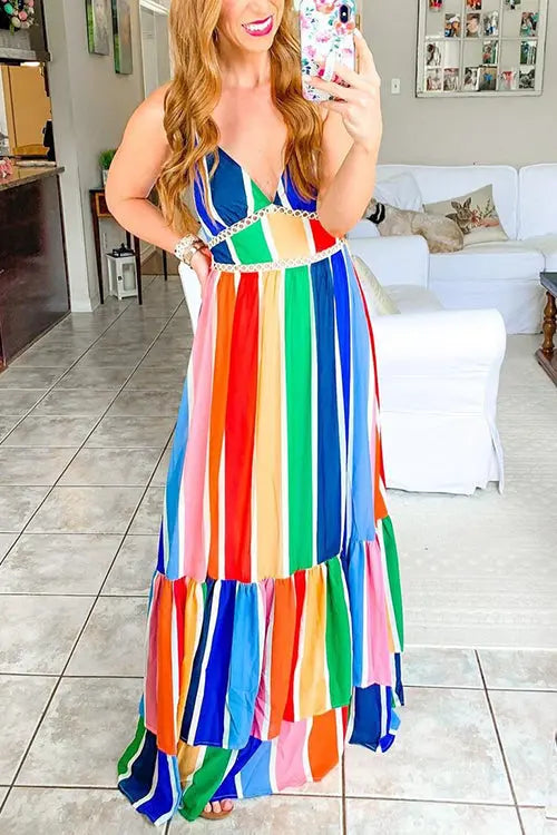 Rainbow Stripe Backless Slip Maxi Dress - Fashionpara