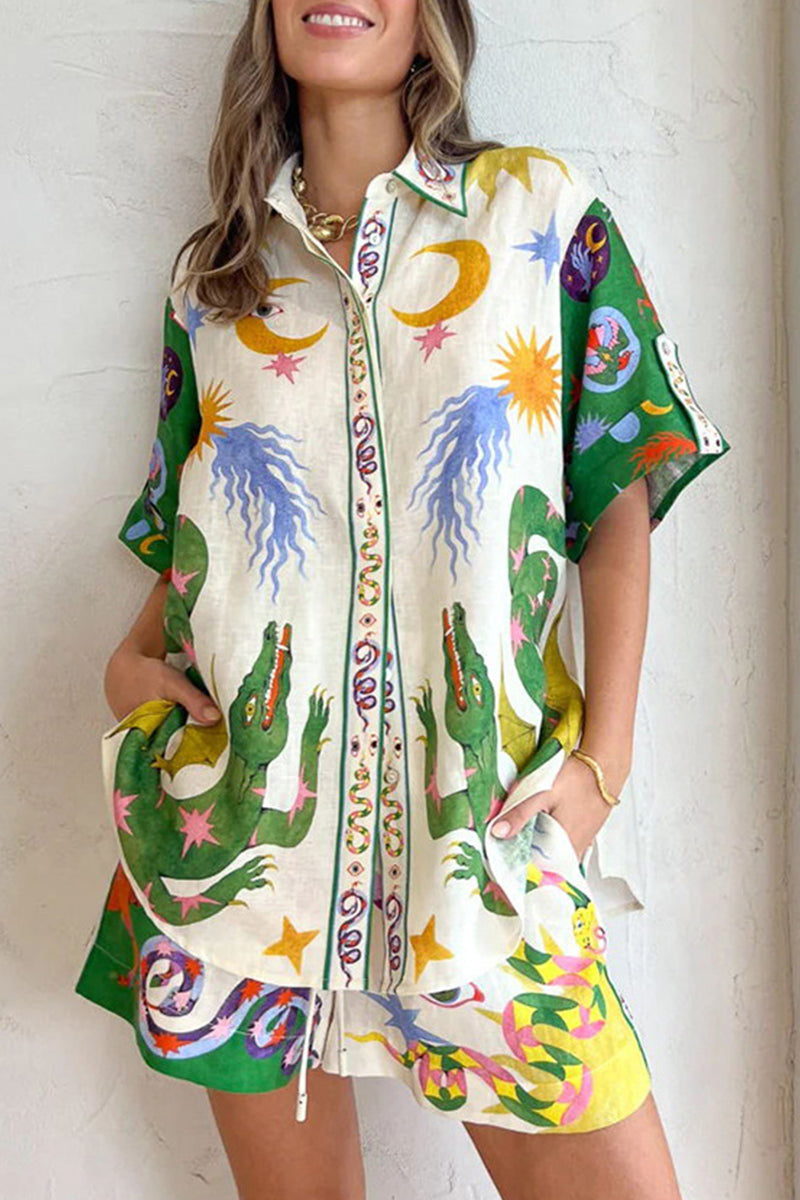 Casual Print Patchwork Turndown Collar Short Sleeve Two Pieces - Fashionpara