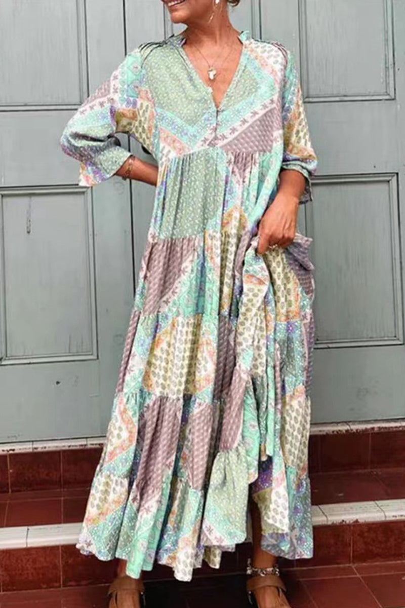 Elegant Geometric Printing V Neck A Line Dresses - Fashionpara