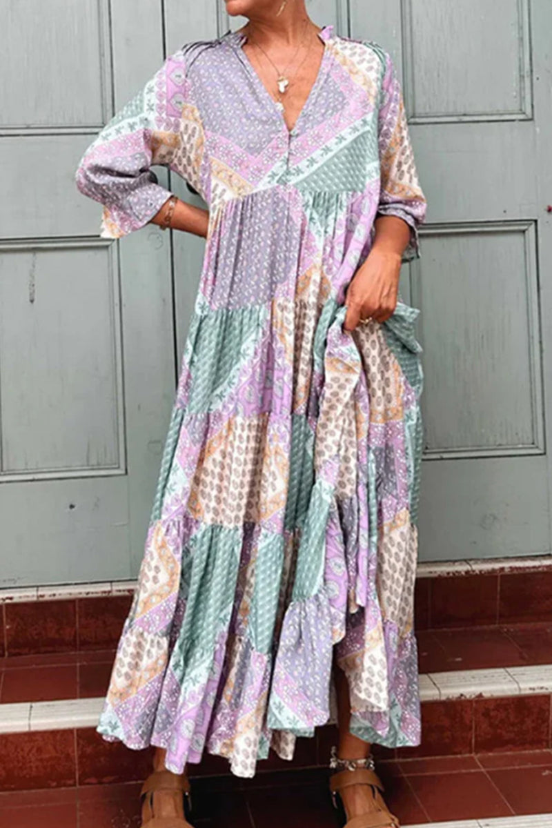 Elegant Geometric Printing V Neck A Line Dresses - Fashionpara