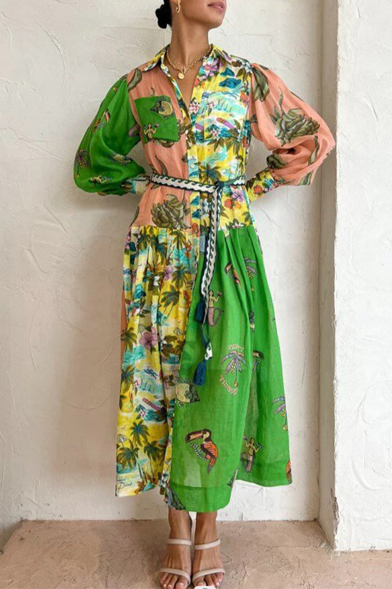 Elegant College Print Buckle Turndown Collar Waist Skirt Dresses - Fashionpara