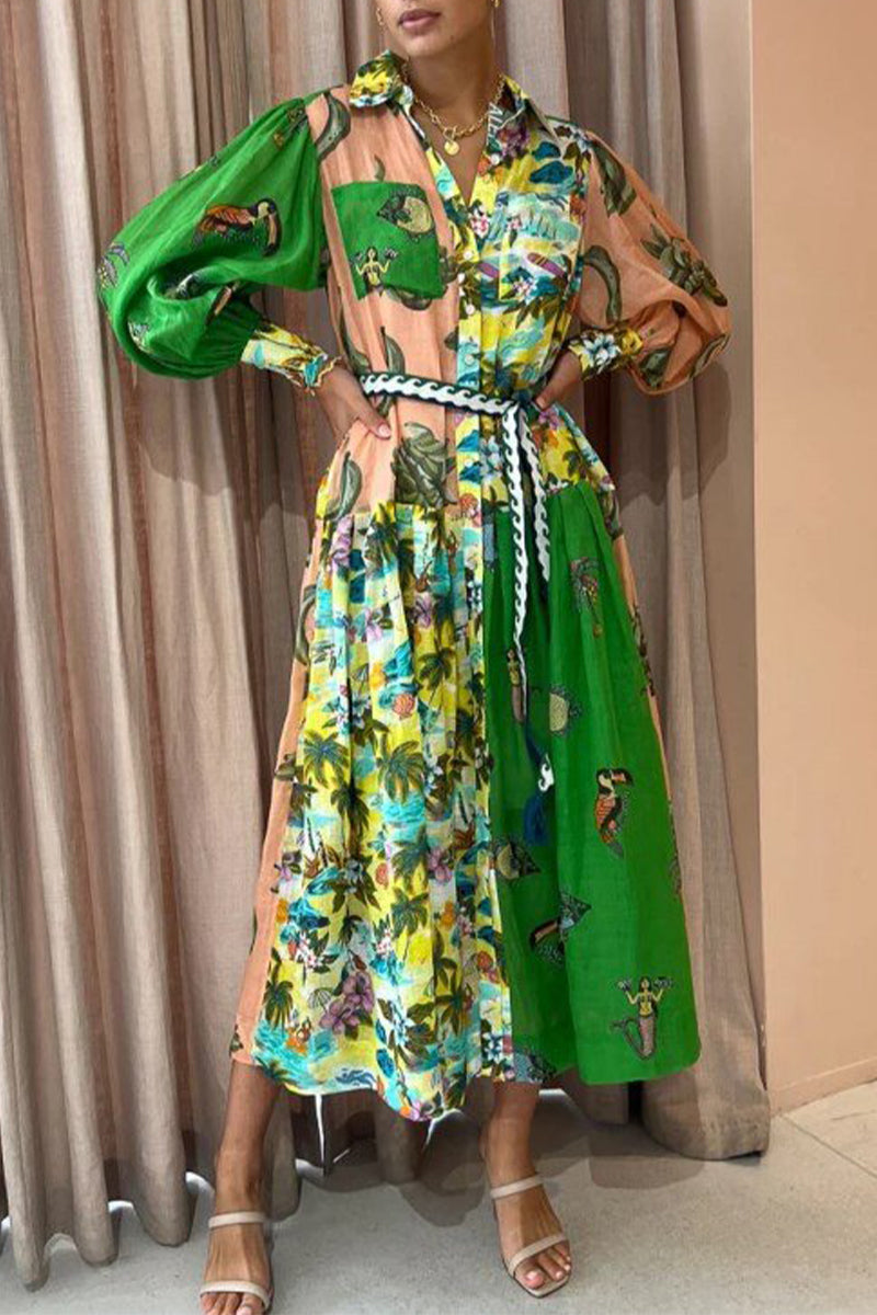 Elegant College Print Buckle Turndown Collar Waist Skirt Dresses - Fashionpara