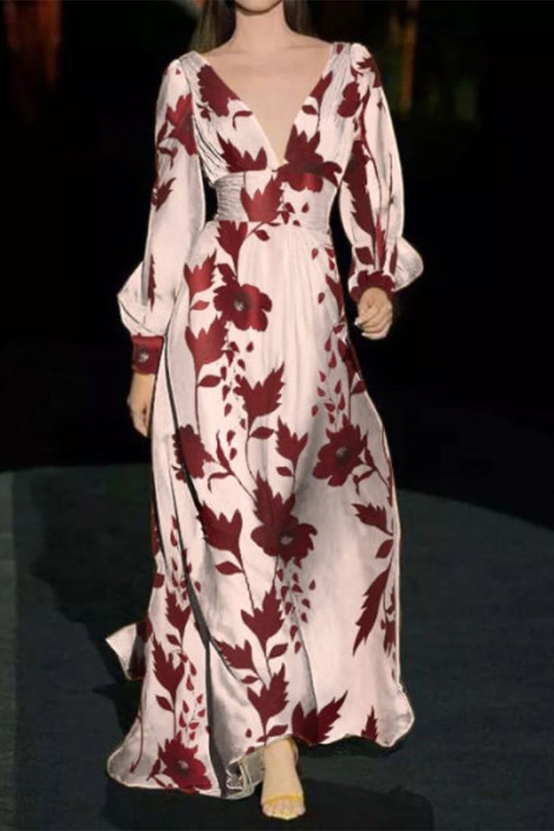 Elegant Floral Patchwork V Neck Printed Dress Dresses - Fashionpara