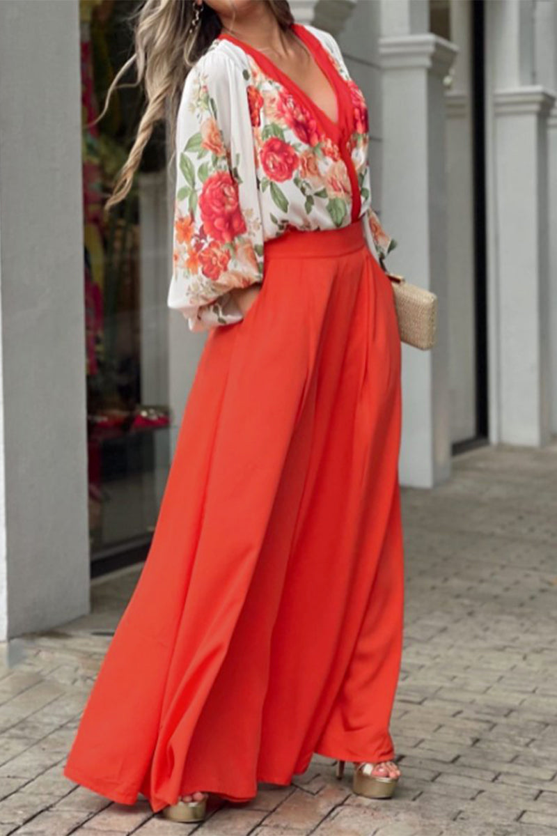 Elegant Floral Pocket V Neck Long Sleeve Two Pieces - Fashionpara