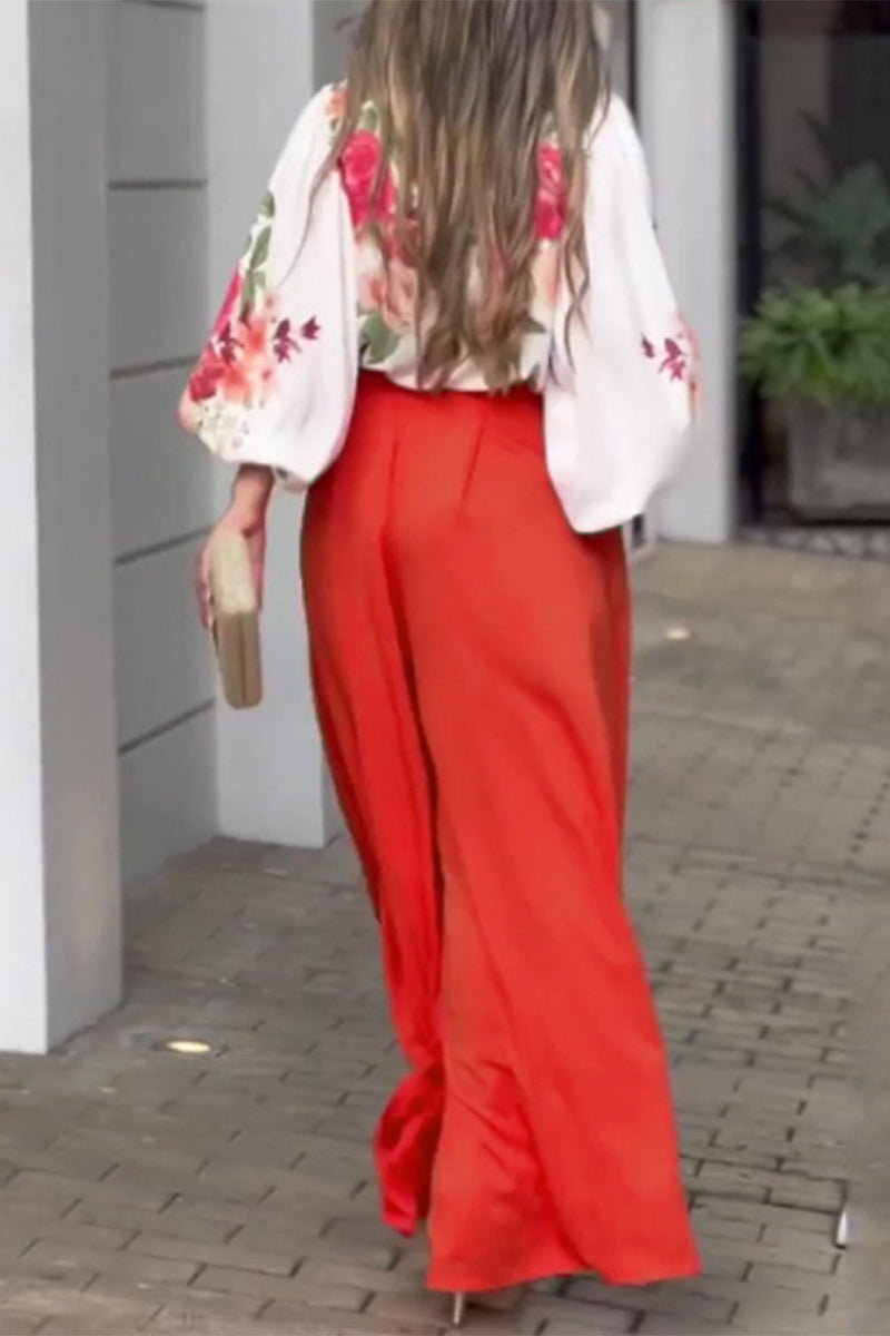 Elegant Floral Pocket V Neck Long Sleeve Two Pieces - Fashionpara