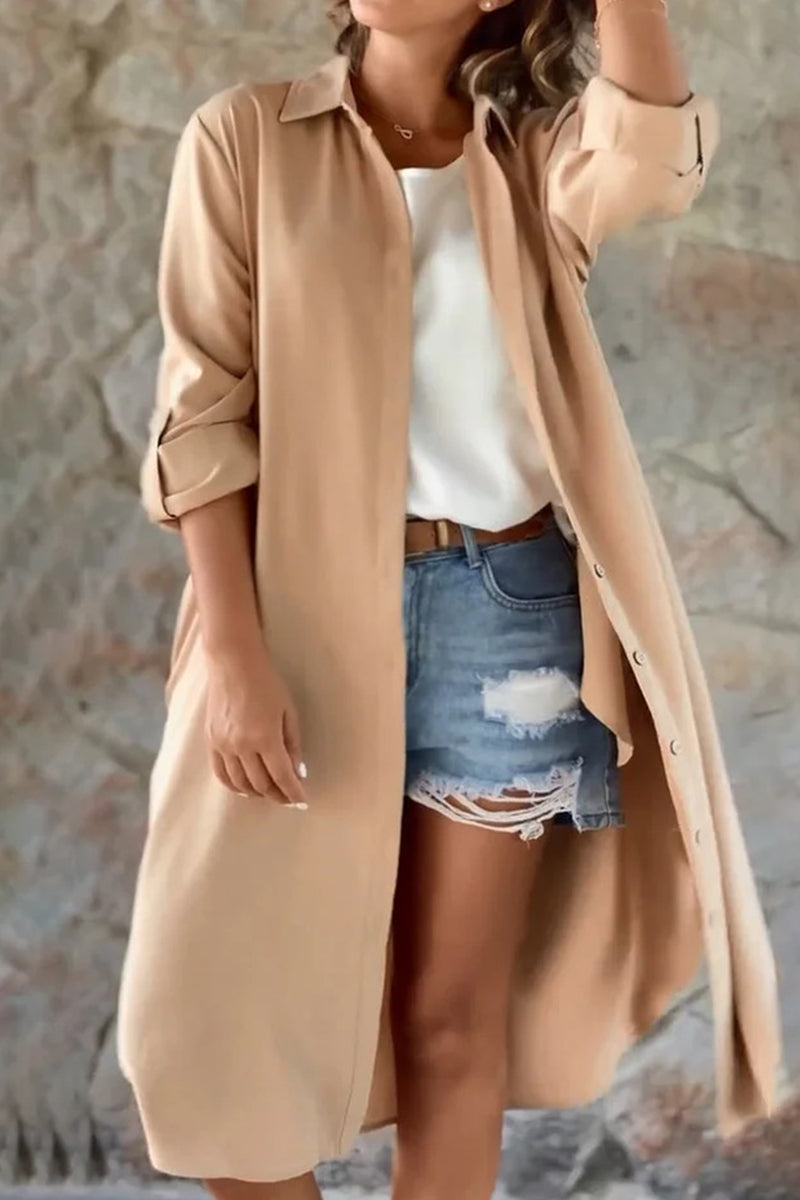 Casual Solid Buttons Turndown Collar Tops - Fashionpara