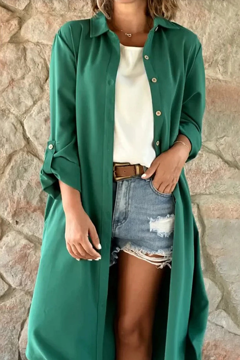 Casual Solid Buttons Turndown Collar Tops - Fashionpara