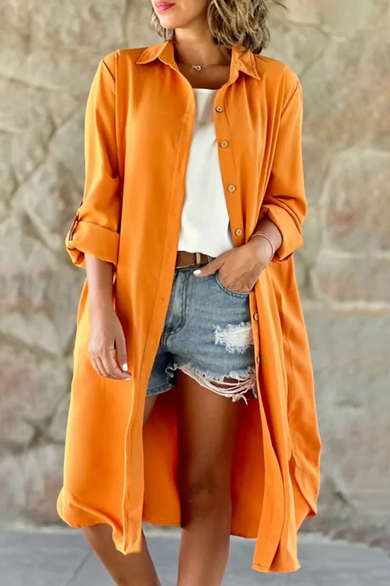 Casual Solid Buttons Turndown Collar Tops - Fashionpara