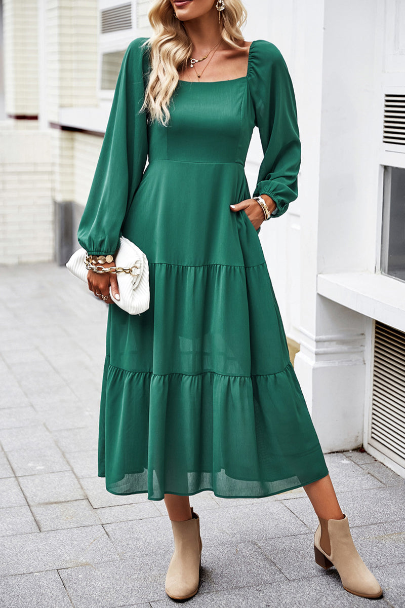 Celebrities Elegant Solid Patchwork Square Collar A Line Dresses - Fashionpara