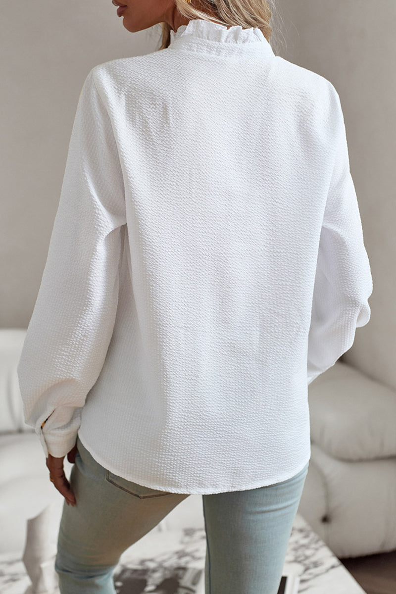 British Style Solid Patchwork Lotus Leaf Collar Blouses(4 Colors) - Fashionpara